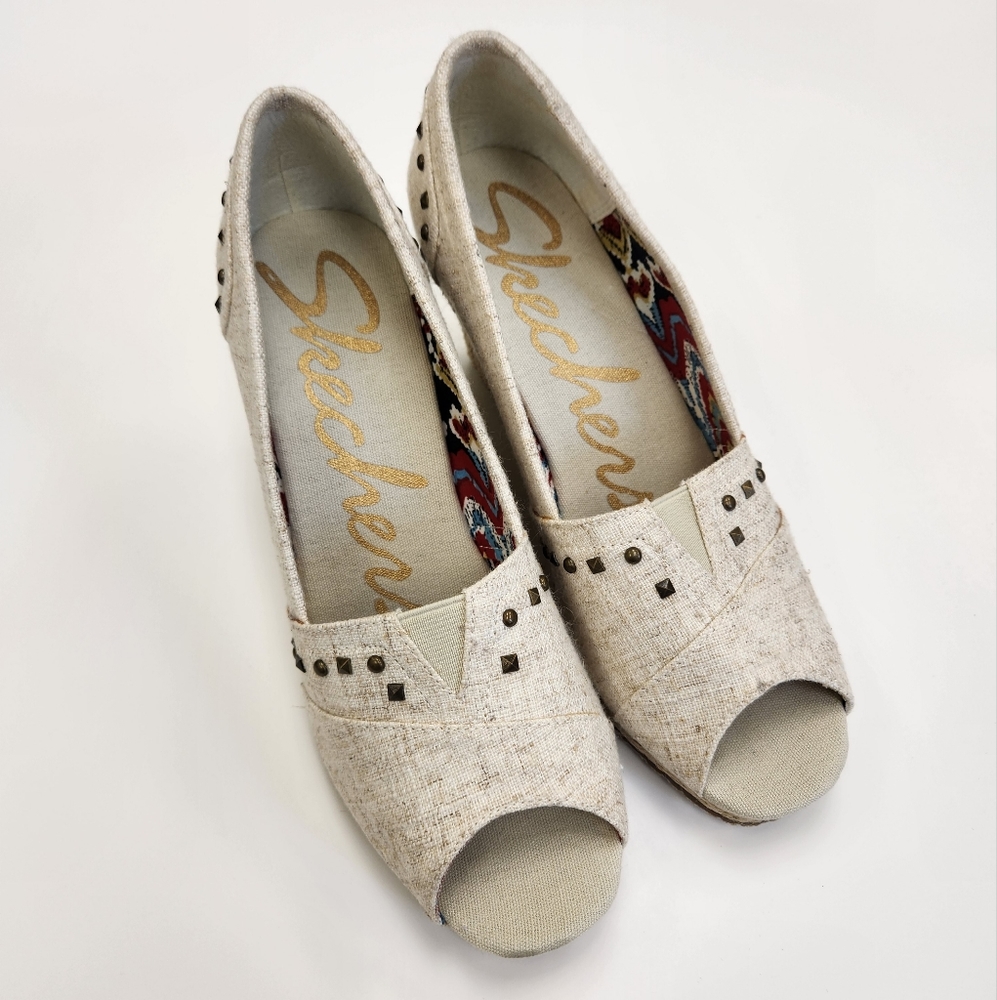 Sketchers Cali Salty Natural Peep Toe Espadrille Wedge Heel Women's Size 8